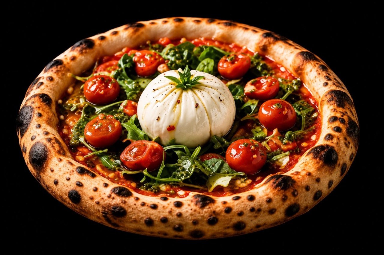Burrata Pizza mit Rucola und Cherrytomaten